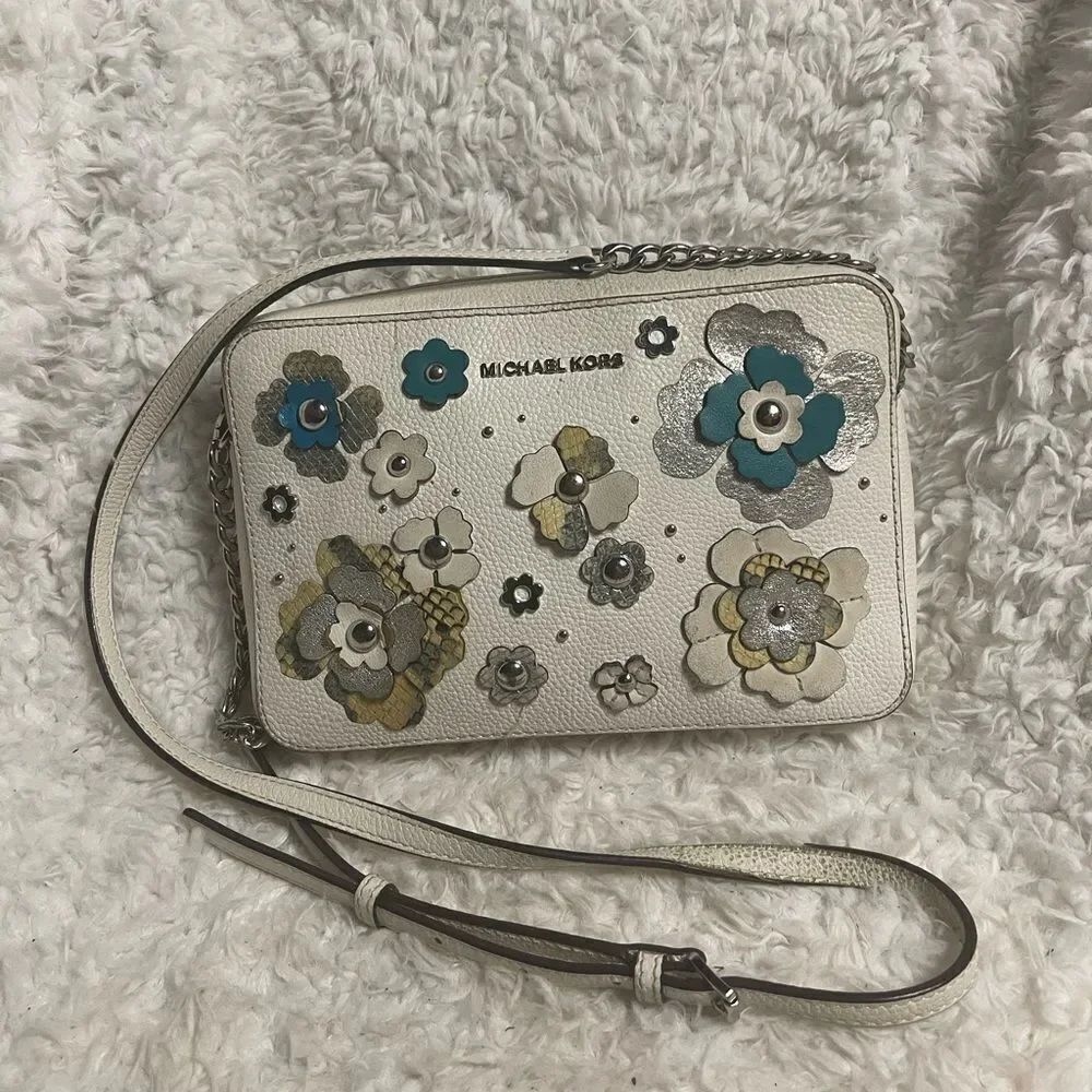 Michael Kors leather off White Floral  appliqué Crossbody Bag.